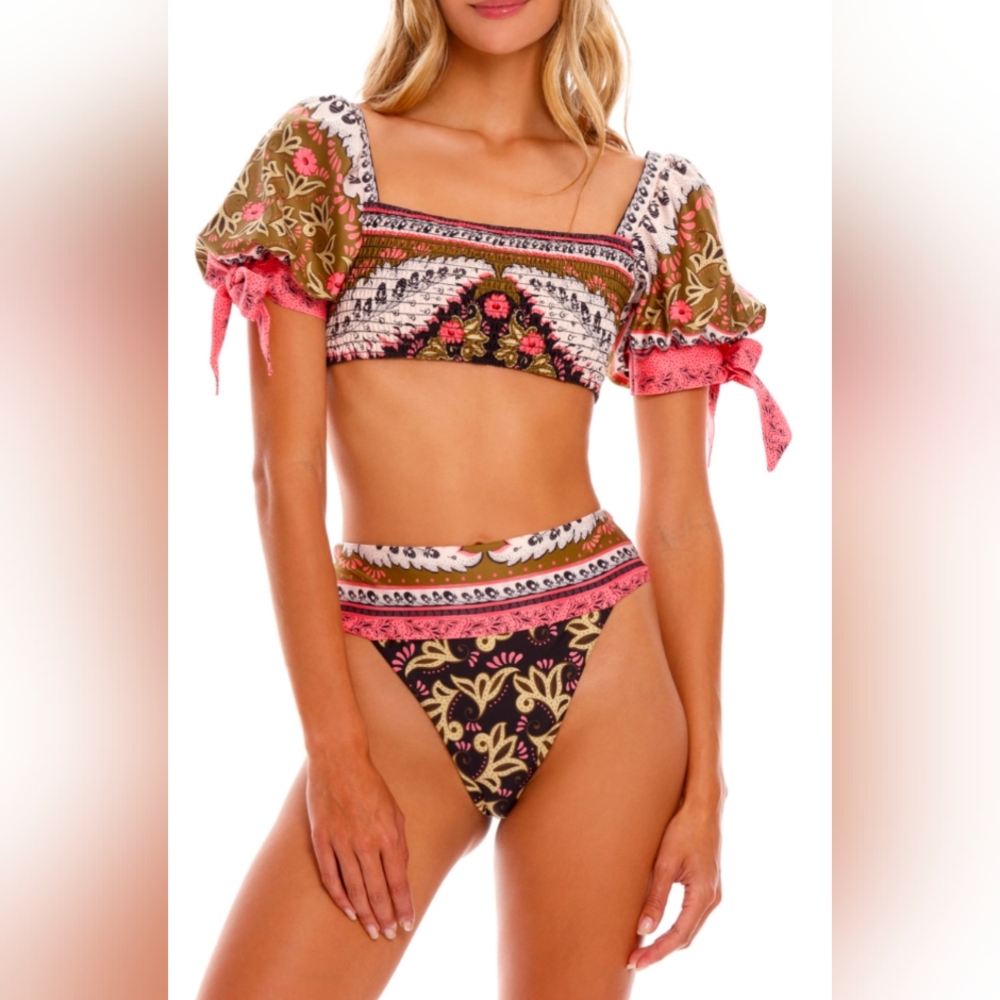 Lagua Bendita Eileen Antique Bikini Top XS Puff Sleeve Smocked Beach Vacation